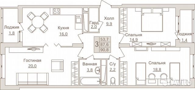 3-к квартира, 90.8 м², 7/17 эт.
