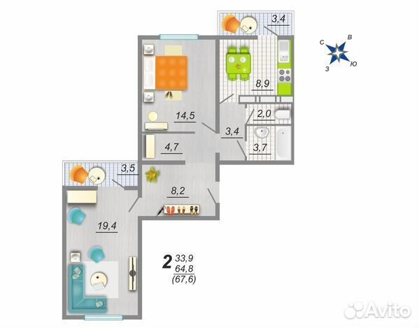 2-к квартира, 68 м², 8/17 эт.