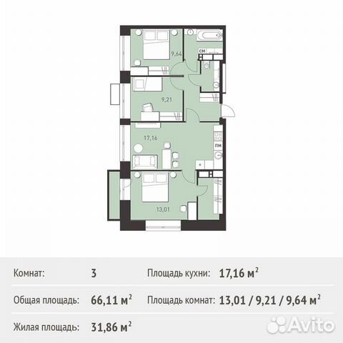 3-к квартира, 66.1 м², 15/17 эт. 3-к квартира, 66.1 м², 15/17 эт.