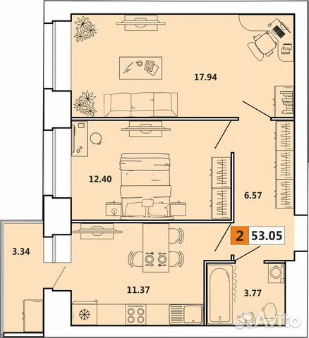 2-к квартира, 53 м², 7/10 эт.