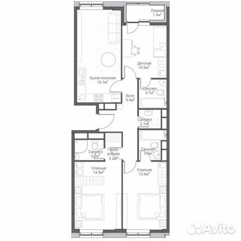 3-к квартира, 87.4 м², 16/16 эт.