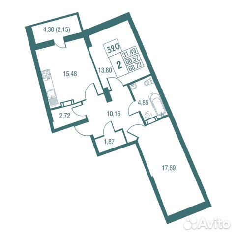2-к квартира, 68.7 м², 22/25 эт.