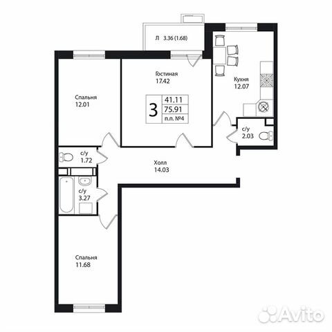 3-к квартира, 75.5 м², 8/14 эт.