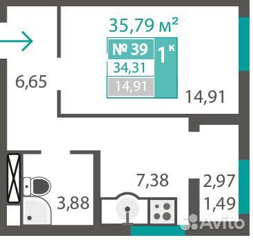 1-к квартира, 40 м², 6/15 эт.
