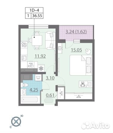 1-к квартира, 36.6 м², 19/22 эт.