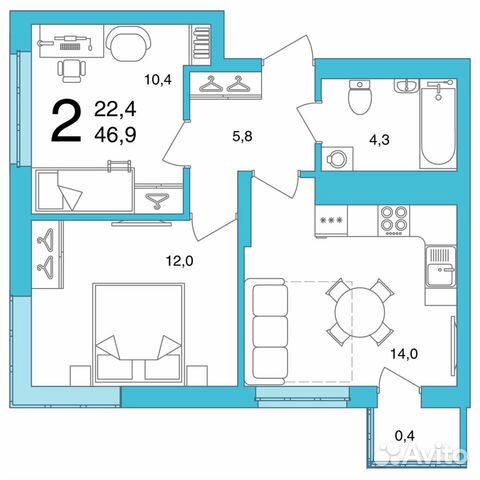 2-к квартира, 46.9 м², 1/25 эт. 2-к квартира, 46.9 м², 1/25 эт.