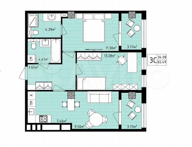 3-к. квартира, 65,5 м², 6/16 эт.