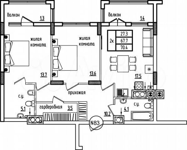 2-к. квартира, 78,9 м², 6/9 эт.