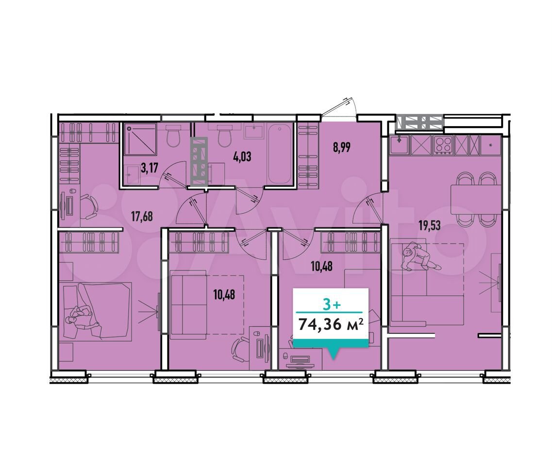 Планировки новостроек в тюмени фото 3-к. квартира, 74,4 м², 3/16 эт. на продажу в Тюмени Купить квартиру Авито