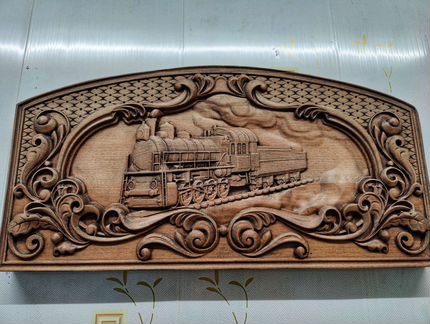 Картина из дерева. Старый локомотив