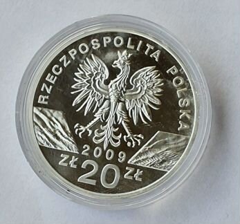 Серебрянные 20 злотых Польши 2009 зелёная ящерица