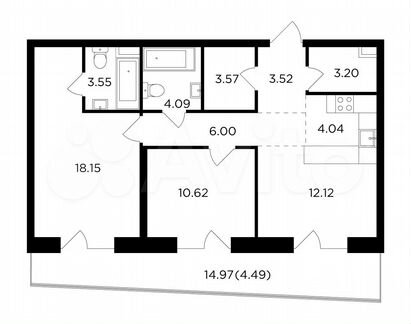 3-к квартира, 73.4 м², 15/16 эт.