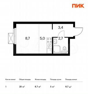 Квартира-студия, 20 м², 24/31 эт.