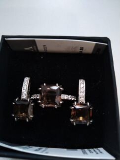 Серебряные серьги и кольцо раухтопаз и фианиты