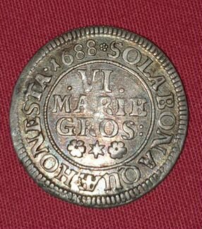 Монета 6 грош 1688,красивая патина
