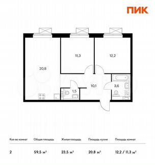 2-к квартира, 59.5 м², 4/25 эт.