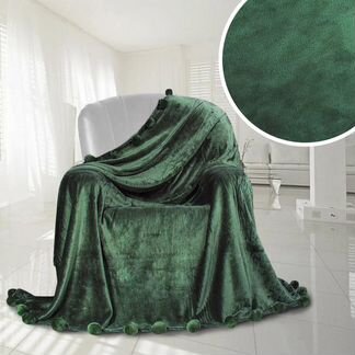 Плед покрывало помпон цвет зелёный